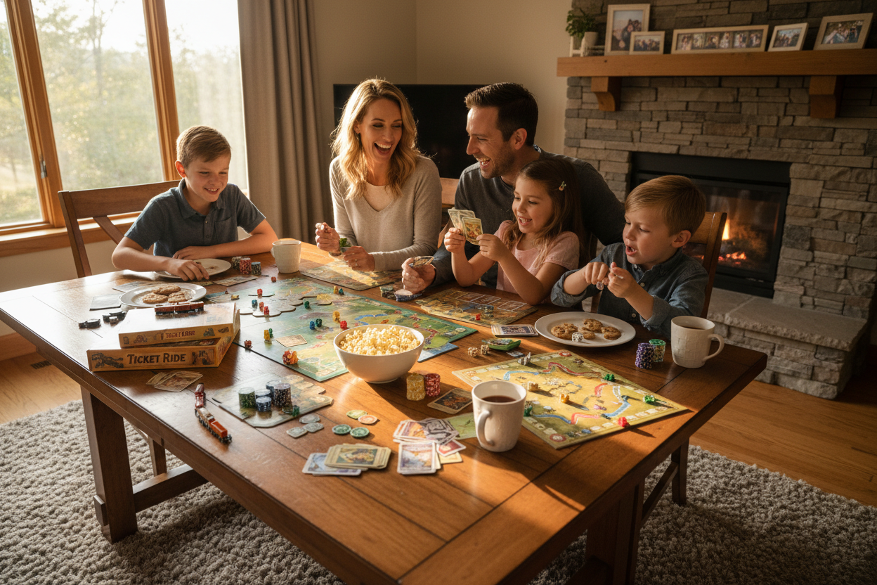 Family playing games at a table
